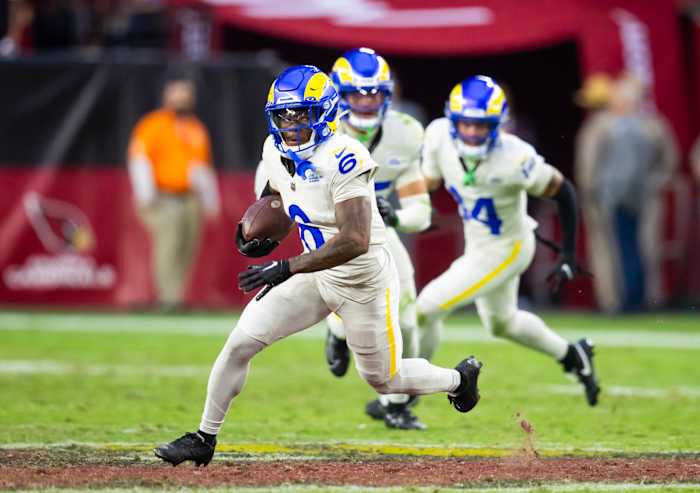 Nov 26, 2023; Glendale, Arizona, USA; Los Angeles Rams cornerback Tre Tomlinson (6) against the Arizona Cardinals at State Farm Stadium. Mandatory Credit: Mark J. Rebilas-USA TODAY Sports